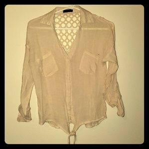 Cream Crochet Shirt with Front tie & Buttons
